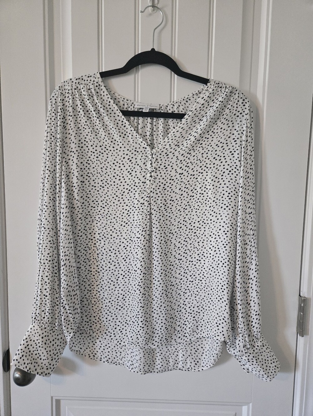 Maison d' Amelie Polka Dot V-Neck Long Sleeve Blouse - White/Black